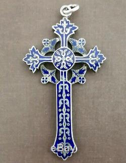 Large Cross Pendant Blue Enameled Old 19th In Sterling Silver