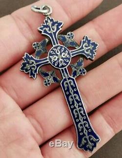 Large Cross Pendant Blue Enameled Old 19th In Sterling Silver