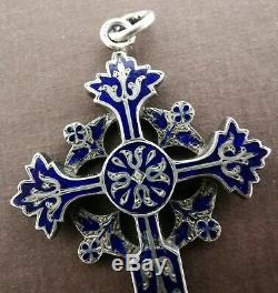 Large Cross Pendant Blue Enameled Old 19th In Sterling Silver