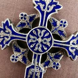Large Cross Pendant Blue Enameled Old 19th In Sterling Silver