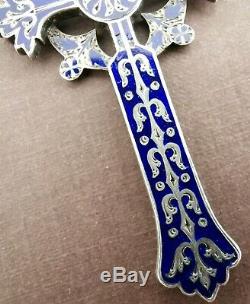 Large Cross Pendant Blue Enameled Old 19th In Sterling Silver