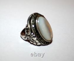 Large Vintage Art Deco Ring Solid Silver Marcasite Mother of Pearl Size 54
