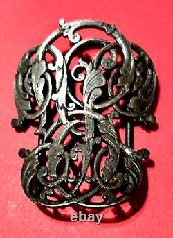 Large and Antique Solid Silver Belt Buckle with Monogram Decoration 63 grams