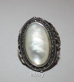 Large vintage solid silver ART DECO RING with marcasite and mother-of-pearl, size 54