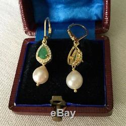 Long Earrings Splendid Old Doreilles Vermeil Emerald Pearl Baroque
