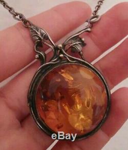 Long Necklace Old Amber In Silver