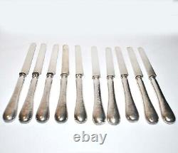 Lot of 10 vintage ALL SILVER solid blade knives Minerva + monogrammed handle 20cm