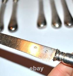Lot of 10 vintage ALL SILVER solid blade knives Minerva + monogrammed handle 20cm