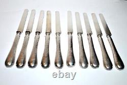 Lot of 10 vintage ALL SILVER solid blade knives Minerva + monogrammed handle 20cm