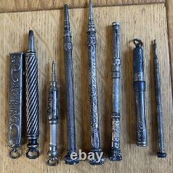 Lot of Antique Mechanical Pencils/Pens/Pencils in Solid Silver and Silver-Plated Metal