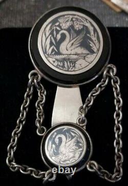 Magnificent Ancient Chatelaine Clavet Silver Massif Glazed Decors Swan Rare