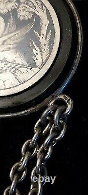 Magnificent Ancient Chatelaine Clavet Silver Massif Glazed Decors Swan Rare