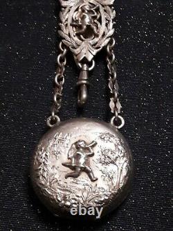 Magnificent Ancient Chatelaine Clavet Silver Massif + His Beautiful Watch Decors