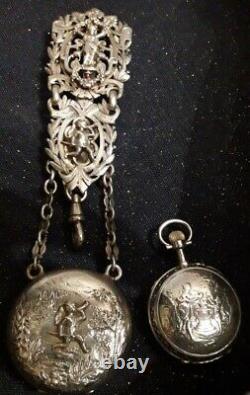 Magnificent Antique Solid Silver Chatelaine + its superbly decorated watch