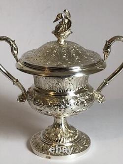 Magnificent RARE antique SUGAR BOWL in SOLID SILVER swan decoration Empire style