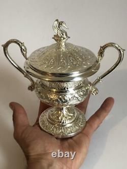 Magnificent RARE antique SUGAR BOWL in SOLID SILVER swan decoration Empire style