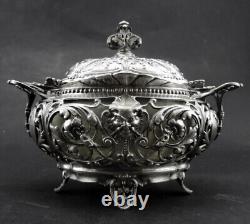 Magnificent antique solid silver sugar bowl with handles Minerva hallmark 19th century period