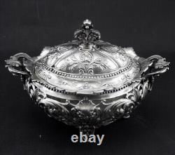 Magnificent antique solid silver sugar bowl with handles Minerva hallmark 19th century period