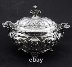 Magnificent antique solid silver sugar bowl with handles Minerva hallmark 19th century period