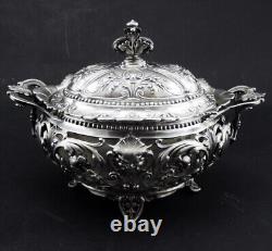 Magnificent antique solid silver sugar bowl with handles Minerva hallmark 19th century period
