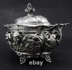 Magnificent antique solid silver sugar bowl with handles Minerva hallmark 19th century period