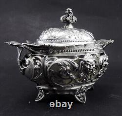 Magnificent antique solid silver sugar bowl with handles Minerva hallmark 19th century period