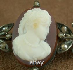 Magnifique Ancienne Broche In Argent, Perles And Camee In Agate XIX