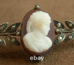 Magnifique Ancienne Broche In Argent, Perles And Camee In Agate XIX