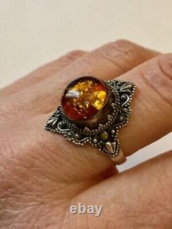 Marquise Amber Silver Massif Belle Ring Antique, Very Worked