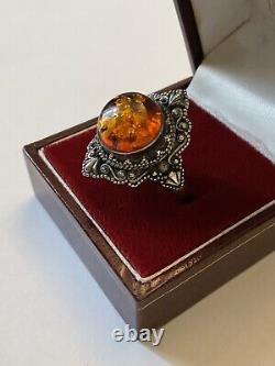 Marquise Amber Silver Massif Belle Ring Antique, Very Worked