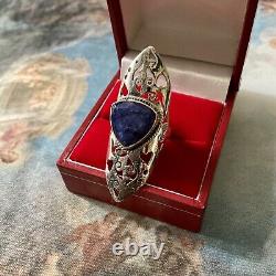 Marquise Long Ring Ancienne Siselure Veritable Sapphire, Silver Massif