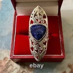 Marquise Long Ring Ancienne Siselure Veritable Sapphire, Silver Massif