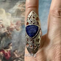 Marquise Long Ring Ancienne Siselure Veritable Sapphire, Silver Massif