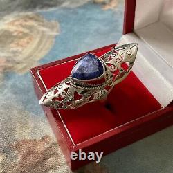 Marquise Long Ring Ancienne Siselure Veritable Sapphire, Silver Massif