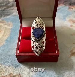 Marquise Long Ring Ancienne Siselure Veritable Sapphire, Silver Massif