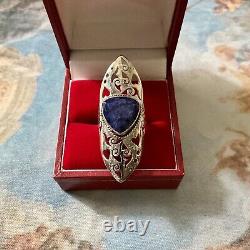 Marquise Long Ring Ancienne Siselure Veritable Sapphire, Silver Massif