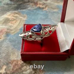 Marquise Long Ring Ancienne Siselure Veritable Sapphire, Silver Massif