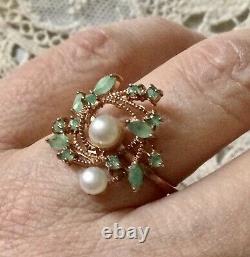 Natural Emerald, Perl, Vermeil Or Rose Argent Ancienne Bague Couture