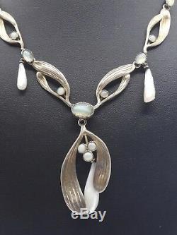 Necklace Old Mistletoe Leaves Sterling Silver Vermeil Pearls Art Nouveau 1900