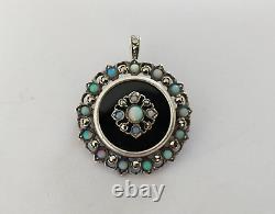 OLD PENDANT BROOCH 19th SILVER ONYX OPAL MARCASITE Napoleon III