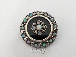 OLD PENDANT BROOCH 19th SILVER ONYX OPAL MARCASITE Napoleon III