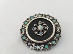 OLD PENDANT BROOCH 19th SILVER ONYX OPAL MARCASITE Napoleon III