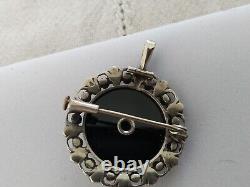 OLD PENDANT BROOCH 19th SILVER ONYX OPAL MARCASITE Napoleon III
