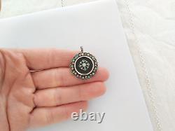 OLD PENDANT BROOCH 19th SILVER ONYX OPAL MARCASITE Napoleon III