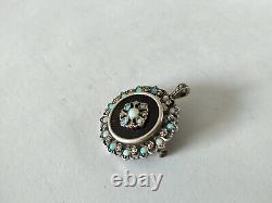 OLD PENDANT BROOCH 19th SILVER ONYX OPAL MARCASITE Napoleon III