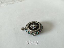 OLD PENDANT BROOCH 19th SILVER ONYX OPAL MARCASITE Napoleon III