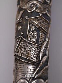 OLD SILVER CANE HANDLE SOLID SILVER-CHINESE UMBRELLA-ASIA-EARLY 20TH CENTURY