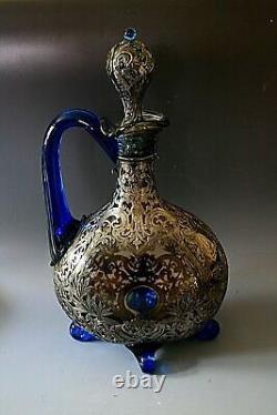 Old 19th Century Glass Carafe In Silver Massive Cart Removable