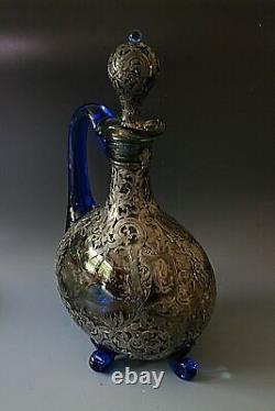 Old 19th Century Glass Carafe In Silver Massive Cart Removable