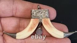 Old And Rare Double Tiger Teeth Mounted In Solid Silver Pendant